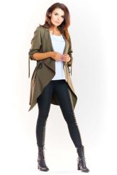 Khaki Dłuższy Żakiet-Narzutka z Podpinanym Rękawem. Brązowe żakiety damskie Awama, l, bez wzorów, z elastanu. Za 239.90 zł.