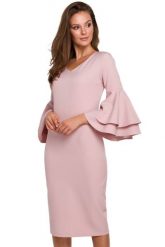 Sukienka na wesele elegancka midi z bufiastymi rękawami pudrowy róż. Czerwone sukienki damskie Makover, na wesele, xxl, bez wzorów, eleganckie, bez kołnierzyka, bez ramiączek, midi, dopasowane. Za 289.00 zł.