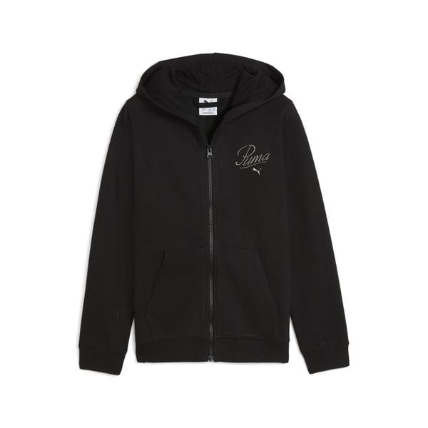 Młodzieżowa rozpinana bluza z kapturem Essentials Script PUMA. Czarna bluzy damskie Puma, m, bez wzorów, z dzianiny, z kapturem. Za 149.99 zł.