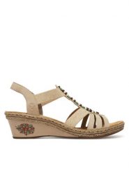 Rieker Sandały V2451-62 Beżowy. Brązowe sandały damskie Rieker, bez wzorów, z materiału, bez obcasa, na koturnie, bez zapięcia. Za 319.99 zł.