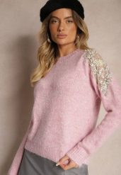 Różowy Sweter z Przezroczystymi Wstawkami z Cyrkoniami Perełkami i Cekinami z Wełną Tiarinae. Czerwone swetry damskie Renee, bez wzorów, z jeansu, biznesowe, bez kołnierzyka, bez ramiączek, bez kaptura. Za 159.99 zł.