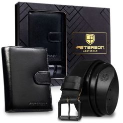 Zestaw prezentowy: skórzany, pionowy portfel męski w czarnym kolorze z systemem RFID i pasek ze skóry naturalnej - Peterson. Czarne paski damskie Peterson, bez wzorów, ze skóry, klasyczne. Za 129.99 zł.
