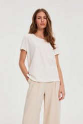 Bluzka z ozdobną aplikacją biała. Białe bluzki damskie MOODO, l, z aplikacjami, z bawełny, bez kołnierzyka, bez ramiączek. Za 59.99 zł.