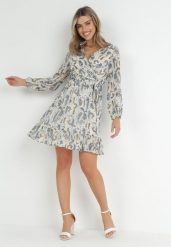 Niebieska Sukienka Mini z Gumką w Pasie i Materiałowym Paskiem Matelyn. Niebieskie sukienki damskie Born2be, l, bez wzorów, z materiału, bez kołnierzyka, bez ramiączek, mini. Za 64.99 zł.