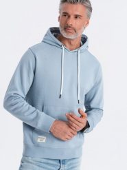 Bluza męska dresowa kangurka z kapturem - niebieska V7 OM-SSBN-0177 - S. Niebieskie bluzy męskie Ombre Clothing, l, z aplikacjami, z bawełny, z kapturem. W wyprzedaży za 77.99 zł.