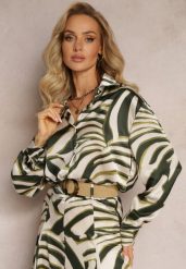 Zielono-Beżowa Satynowa Koszula z Zapięciem na Guziki Fattia. Zielone bluzki damskie Renee, l, bez wzorów, z materiału, bez kołnierzyka, bez ramiączek. Za 64.99 zł.