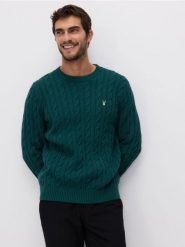 Sweter z bawełną - ciemnozielony. Zielone swetry przez głowę męskie Reserved, l, bez wzorów, z bawełny, bez kołnierzyka. W wyprzedaży za 109.99 zł.