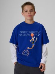 4F T-shirt regular z nadrukiem chłopięcy - niebieski 146/152 (10-12 lat). Niebieskie t-shirty dla chłopców 4f, bez wzorów, z bawełny, bez ramiączek. Za 59.99 zł.