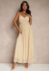 Beżowa Sukienka Koktajlowa Ozdobiona Tiulowym Materiałem Deviora. Brązowe sukienki damskie Renee, na co dzień, l, bez wzorów, z tiulu, eleganckie, bez kołnierzyka, bez ramiączek, maxi. Za 109.99 zł.