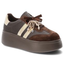 Sneakersy damskie S.Barski o sportowym fasonie z kontrastowymi wstawkami ozdobnymi sznurówkami z perełkami i wysoką masywną platformą brązowe, GR62-6. Brązowe półbuty damskie S.BARSKI, bez wzorów, z jeansu, eleganckie, bez obcasa, na platformie, bez zapięcia. Za 239.00 zł.