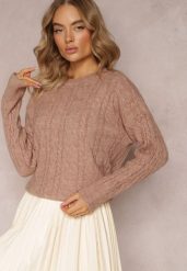 Ciemnobeżowy Sweter z Okrągłym Dekoltem i Splotem w Warkocze Dawnitta. Brązowe swetry damskie Renee, bez wzorów, z dzianiny, casualowe, bez kołnierzyka, bez ramiączek, długie, bez kaptura. Za 79.99 zł.