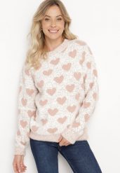 Różowo-Beżowy Sweter z Wełną o Prostym Kroju Zdobiony Wzorem w Serca Zenina. Czerwone swetry damskie Born2be, na zimę, l, z aplikacjami, z wełny, bez kołnierzyka, bez ramiączek, bez kaptura. Za 64.99 zł.