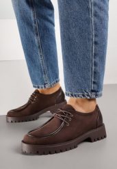 Brązowe Półbuty Mokasyny w Stylu Boat Shoes ze Sznurowaniem Balmitar. Brązowe mokasyny damskie Renee, bez wzorów, z jeansu, bez obcasa, bez zapięcia. Za 119.99 zł.