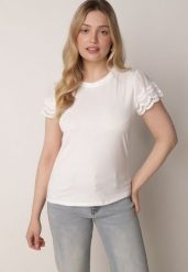 Biały Bawełniany T-shirt z Koronkowymi Rękawami Carilynore. Białe bluzki damskie Born2be, m, bez wzorów, z bawełny, eleganckie, bez kołnierzyka. Za 59.99 zł.