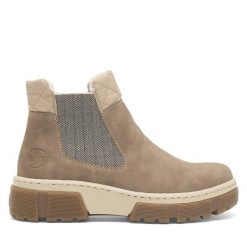 Botki Rieker. Brązowe botki damskie Rieker, bez obcasa, na płaskiej podeszwie, bez zapięcia. Za 279.00 zł.