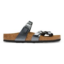 Birkenstock Mayari BF Metallic Black Japonki damskie. Szare klapki damskie Birkenstock, bez wzorów, ze skóry, eleganckie, bez obcasa. Za 319.99 zł.