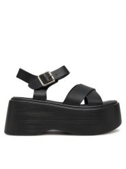DeeZee Sandały 8791-3 Czarny. Czarne sandały damskie DeeZee, bez wzorów, z materiału, bez obcasa, na koturnie, bez zapięcia. Za 139.99 zł.
