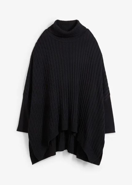 Sweter poncho oversize. Czarne swetry damskie bonprix, bez wzorów, z dzianiny, bez kołnierzyka, bez ramiączek, bez kaptura. Za 109.99 zł.