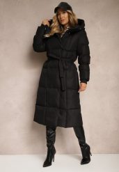 Czarna Długa Kurtka z Pikowanymi Przeszyciami Kapturem i Wiązanym Paskiem Zalirra. Czarne kurtki damskie Renee, l, bez wzorów. Za 199.99 zł.