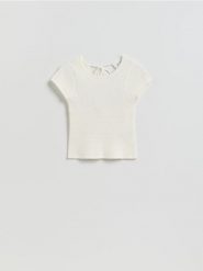 Dzianinowa bluzka - kremowy. Białe bluzki damskie Reserved, l, bez wzorów, z bawełny, klasyczne, bez kołnierzyka, bez ramiączek. Za 89.99 zł.