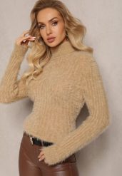 Beżowy Golf z Puchatego Materiału z Wełną i Długim Rękawem Geolla. Brązowe swetry damskie Renee, na jesień, bez wzorów, z wełny, bez kołnierzyka, bez ramiączek, długie, bez kaptura. Za 39.99 zł.