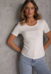 Biały T-shirt w Prążki z Marszczeniami po Bokach Nedala. Białe t-shirty i topy dla dziewczynek Renee, bez wzorów, bez ramiączek. Za 44.99 zł.