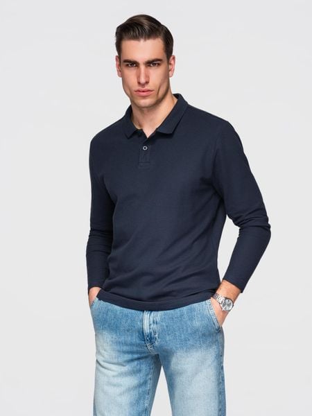 Męski longsleeve BASIC z kołnierzykiem polo – granatowy V3. Niebieskie bluzki z długim rękawem męskie Ombre Clothing, m, bez wzorów, z bawełny, biznesowe, bez kołnierzyka. Za 89.99 zł.