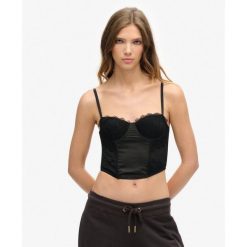 Top koronkowy w stylu midi z satyny. Czarne bielizna termoaktywna damska Superdry., l, bez wzorów, z koronki, bez ramiączek. Za 278.45 zł.