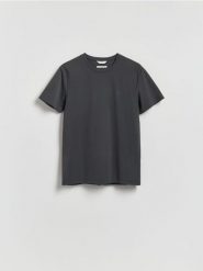 T-shirt slim z bawełną merceryzowaną - ciemnoszary. Szare t-shirty męskie Reserved, l, bez wzorów, z bawełny, bez kołnierzyka. Za 99.99 zł.