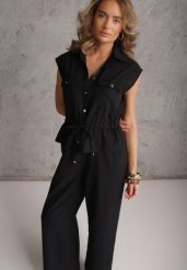 Czarny Koszulowy Kombinezon Bez Rękawów z Bawełny i Wiskozy z Baskinką Tefnor. Czarne sukienki dla dziewczynek Renee, na lato, bez wzorów, z bawełny, boho, bez ramiączek. Za 139.99 zł.