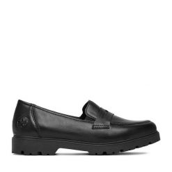 Loafersy Rieker. Czarne półbuty damskie Rieker, bez wzorów, bez obcasa, na płaskiej podeszwie, bez zapięcia. Za 329.99 zł.