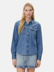 Guess Jeans Koszula W5RH35 D5M81 Niebieski Regular Fit. Niebieskie bluzki damskie Guess Jeans, m, z aplikacjami, z bawełny, bez kołnierzyka, bez ramiączek. Za 279.99 zł.