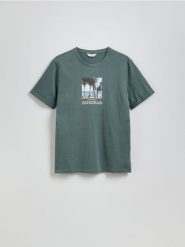 T-shirt regular z nadrukiem - jasny zielony. Zielone t-shirty męskie Reserved, l, bez wzorów, z bawełny, bez kołnierzyka. Za 59.99 zł.