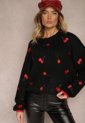 Czarny Sweter w Wisienki z Dodatkiem Wełny Eltintia. Czarne swetry damskie Renee, m, bez wzorów, z wełny, casualowe, bez kołnierzyka, bez ramiączek, długie, bez kaptura. Za 149.99 zł.