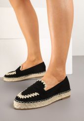 Czarne Espadryle na Plecionej Podeszwie Zdobione Haftem Emlexia. Czarne espadryle damskie Born2be, z aplikacjami, z jeansu, boho, bez obcasa, na obcasie, bez zapięcia. Za 89.99 zł.