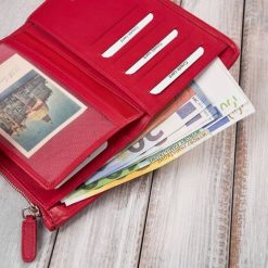 Paolo Peruzzi Portfel damski skórzany w kolorze malinowym duży pleciony AY-08-RD. Różowe portfele damskie Paolo Peruzzi, bez wzorów. Za 153.82 zł.