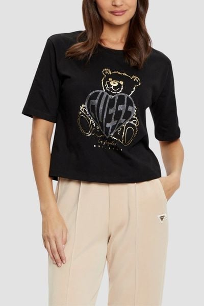 GUESS Czarny t-shirt damski Bear Boxy, Rozmiar M. Czarne t-shirty damskie Guess, m, z aplikacjami, bez kołnierzyka. W wyprzedaży za 109.99 zł.