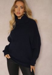 Granatowy Golf z Domieszką Wiskozy i Kaszmiru Azivara. Niebieskie swetry damskie Renee, l, z aplikacjami, z jeansu, eleganckie, bez kołnierzyka, bez ramiączek, bez kaptura. Za 149.99 zł.