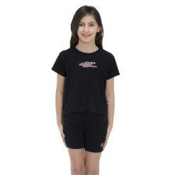 Kolorowa, krótka koszulka dziewczęca. Czarne t-shirty i topy dla dziewczynek LEONE 1947 APPAREL, bez wzorów, bez ramiączek. W wyprzedaży za 55.90 zł.