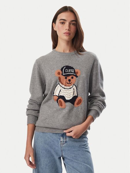 Guess Sweter W6BR84 Z1927 Szary Regular Fit. Szare swetry damskie Guess, xxl, z aplikacjami, bez kołnierzyka, bez ramiączek, bez kaptura. Za 394.99 zł.