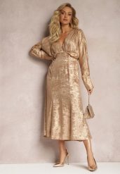 Szampańska Sukienka Midi z Gumką w Pasie i Rękawami Nietoperz Botella. Żółte sukienki damskie Renee, s, z aplikacjami, bez kołnierzyka, bez ramiączek, midi. Za 89.99 zł.