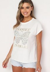 Biały Bawełniany T-shirt z Nadrukiem Motyla Ozdobionym Cyrkoniami Beonea. Białe t-shirty i topy dla dziewczynek Born2be, bez wzorów, z bawełny, bez ramiączek. Za 34.99 zł.