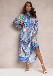 Niebieska Sukienka Maxi Oversize w Kolorowy Ornamentalny Wzór Stama. Niebieskie sukienki damskie Renee, l, z aplikacjami, bez kołnierzyka, bez ramiączek, maxi, koszulowe. Za 199.99 zł.