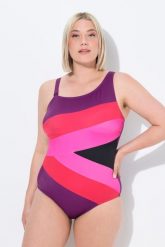 Damski Strój kąpielowy szerokie kolorowe pasy miękkie miseczki. Niebieskie kostiumy jednoczęściowe damskie Ulla Popken, plus size, bez wzorów, z elastanu, plus size, do pływania. Za 191.99 zł.