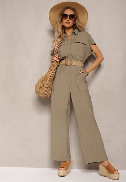 Ciemnozielony Kombinezon w Stylu Utility z Koszulową Górą i Plecionym Paskiem Dexara. Zielone sukienki damskie Renee, na co dzień, m, bez wzorów, eleganckie, bez kołnierzyka, bez ramiączek, mini, koszulowe. Za 179.99 zł.