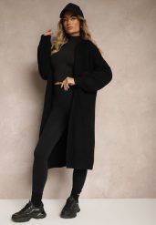 Czarny Nierozpinany Kardigan z Kapturem ze Ściągaczami przy Rękawach Giselda. Czarne kardigany damskie Renee, bez wzorów, eleganckie, bez kołnierzyka, bez ramiączek, długie, z kapturem. Za 99.99 zł.
