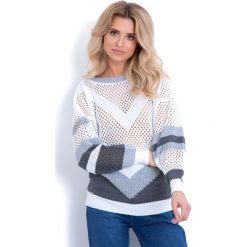 BIały Ażurowy Luźny Sweter w Ukośne Paski. Kardigany damskie Molly.pl. Za 159.90 zł.