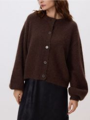 Kardigan z wełną - ciemnobrązowy. Brązowe kardigany damskie Reserved, l, bez wzorów, z dzianiny. Za 279.99 zł.