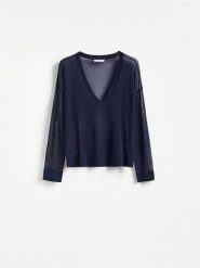 Sweter z lyocellu - granatowy. Niebieskie swetry damskie Reserved, l, bez wzorów, z lyocellu, bez kołnierzyka, bez ramiączek, bez kaptura. Za 109.99 zł.