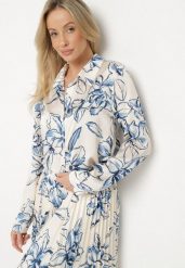Biało-Niebieska Koszula z Wiskozą Ozdobiona Kwiatami Fenelea. Niebieskie bluzki damskie Born2be, l, bez wzorów, z jeansu, eleganckie, bez kołnierzyka, bez ramiączek. Za 99.99 zł.